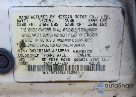 2006 Nissan Sentra 1.8S from USA, damaged, VIN 3N1CB51D26L510984